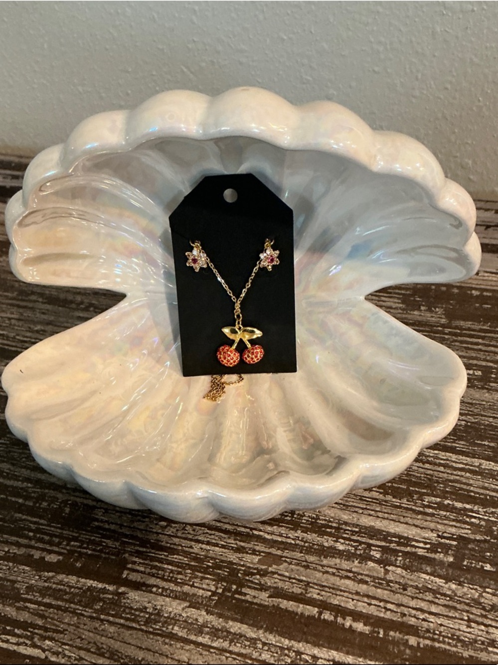 Gold Tone Cherry Pendant Necklace with Flowers & Red Crystal Accents - Picture 2 of 2